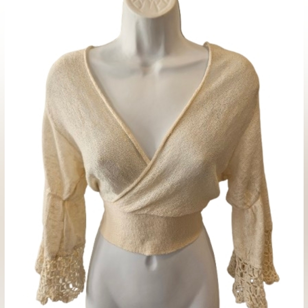 Free People Wrap Tie Top Cream Crochet Bell Sleeve Boho Lightweight S NWT